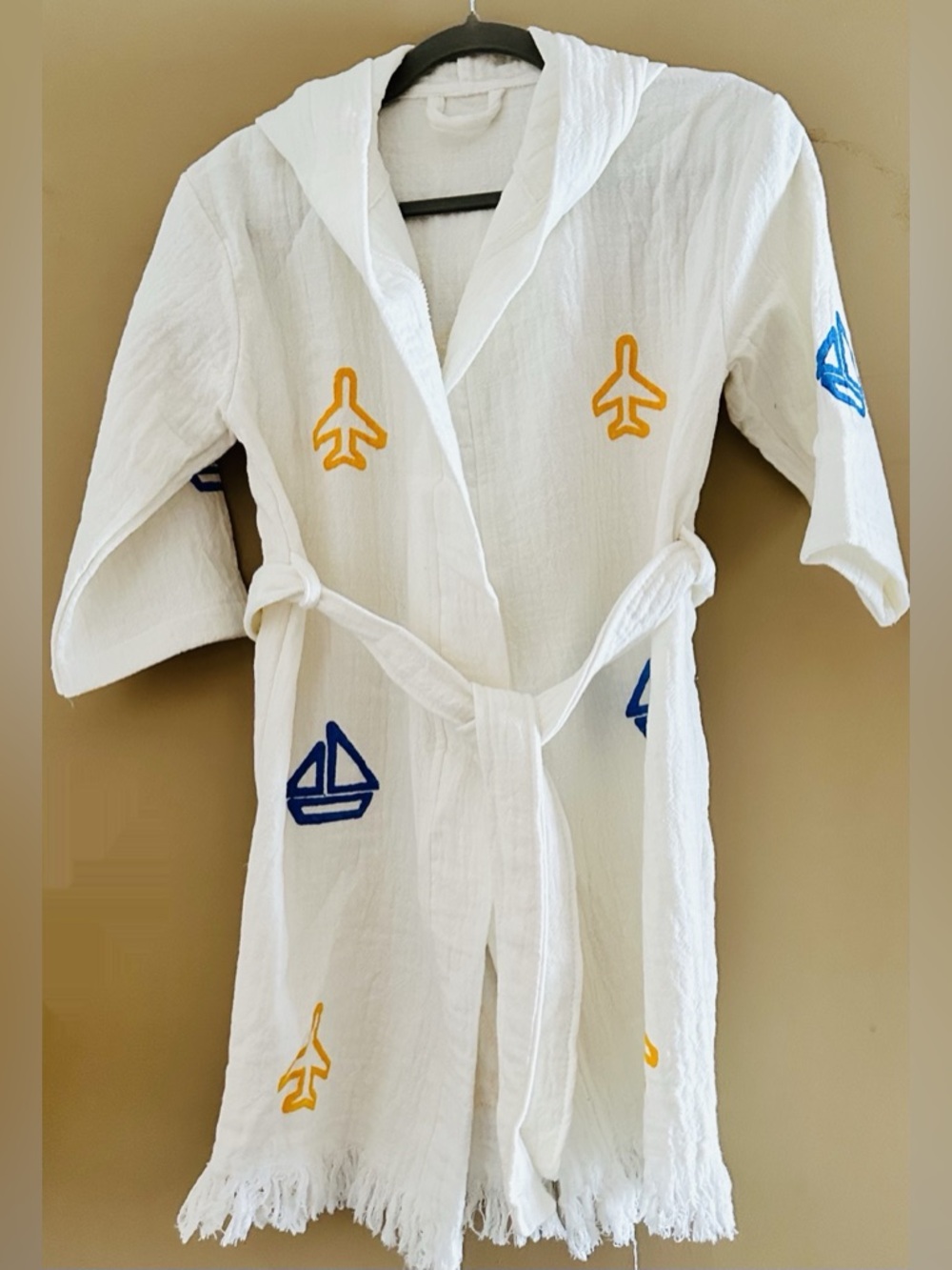 Hand-painted organic cotton boys’ beach cover up/ bathrobe, 10/12